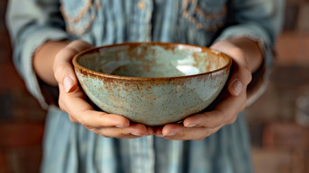 A person holding a bowl in their hands with the rim facing out, AIの素材