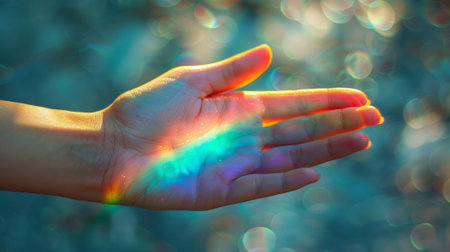 A hand with a rainbow of light shining through it, AIの素材