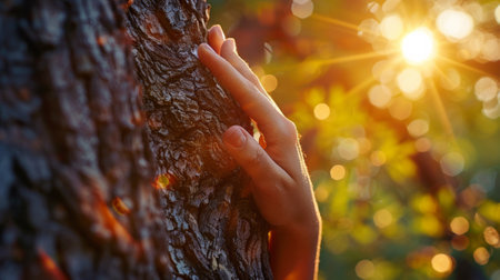 A persons hand on a tree trunk with sun shining in the background, AIの素材