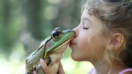 A young girl kissing a frog on the lips with her tongue, AIの素材