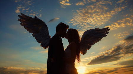 A couple kissing with angel wings in the sunset, AIの素材