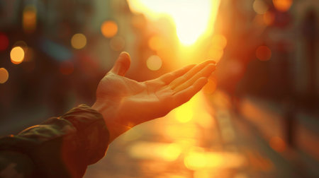 A person reaching out to the sun with their hand, AIの素材