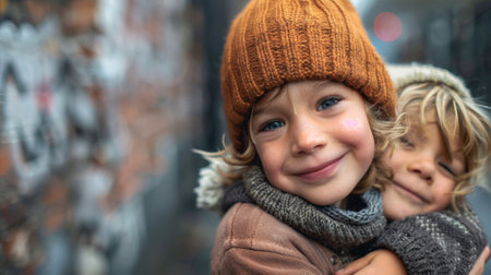 Two children hugging each other in a city street, AIの素材