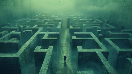 A man is walking through a maze in the fog, AIの素材