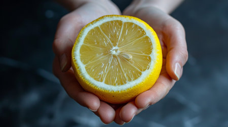 A person holding a lemon in their hands with the peel on, AIの素材