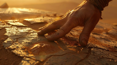 A persons hand reaching out to touch a rock in the desert, AIの素材