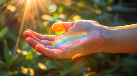 A person holding their hand out in front of a sun, AIの素材