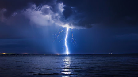 A lightning bolt is seen over the ocean in a dark sky, AIの素材