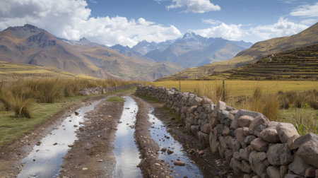 A dirt road with a stone wall in the middle of it, AIの素材