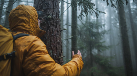 A man in yellow jacket standing next to a tree with rain falling, AIの素材