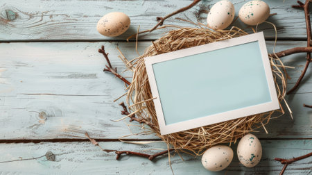 A picture frame in a nest with eggs and other items, AIの素材