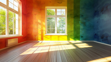 A room with a rainbow colored wall and two windows, AIの素材