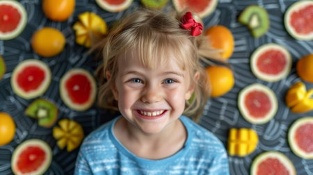 A little girl smiling with a bunch of different fruits in the background, AIの素材