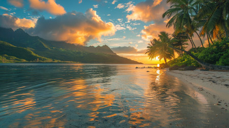 A beautiful sunset over a tropical beach with palm trees, AIの素材