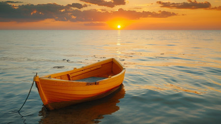 A small boat floating in the ocean at sunset, AIの素材