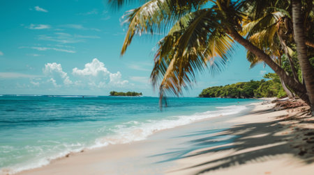 A beach with palm trees and a clear blue ocean, AIの素材