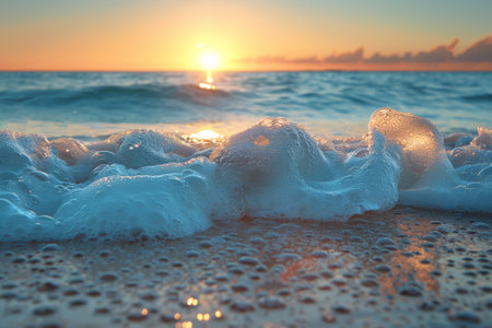 A sunset over the ocean with foam on a beach, AIの素材