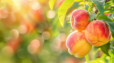 A close up of a bunch of peaches on the tree, AIの写真素材
