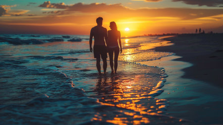 A couple of a man and woman standing in the ocean at sunset, AIの写真素材