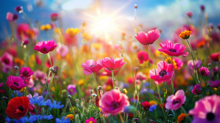 A field of colorful flowers with the sun shining through, AIの写真素材