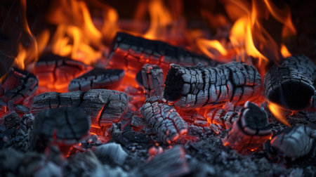 A close up of a fire with logs and flames, AIの写真素材