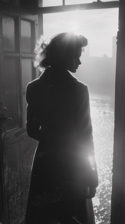 A woman standing in a doorway looking out at the water, AIの素材