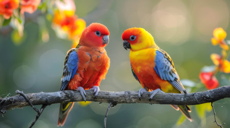 Two colorful birds sitting on a branch together with flowers in the background, AI