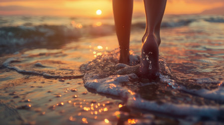 A persons feet are walking on the beach at sunset, AIの写真素材