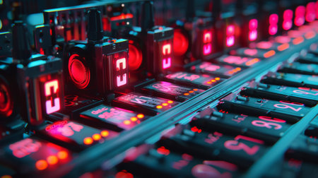 A close up of a bunch of electronic equipment with red lights, AI