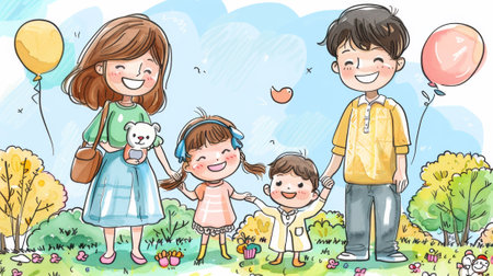 A drawing of a family with two children and one adult, AIの写真素材