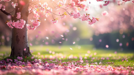 A tree with pink flowers and leaves in the grass, AIの写真素材