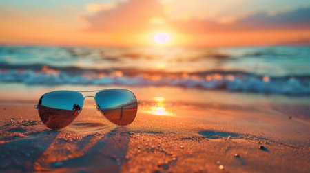 Sunglasses on the beach at sunset with water in background, AIの写真素材