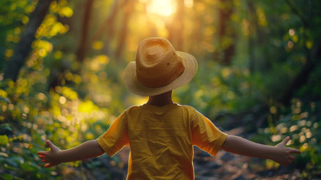 A child in a yellow shirt with his arms outstretched, AIの素材