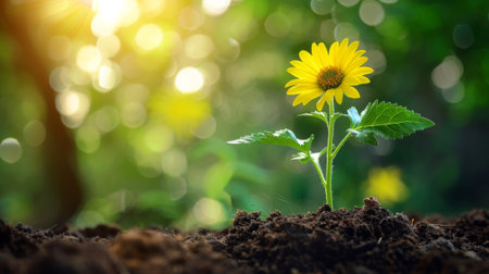 A single sunflower sprouts from the ground in a field, AI