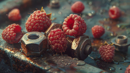 A bunch of raspberries and nuts are sitting on a metal surface, AIの素材