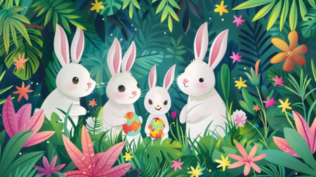 Three white rabbits are standing in a jungle with flowers, AIの写真素材