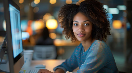 A woman sitting at a computer desk with her hair in curls, AIの素材