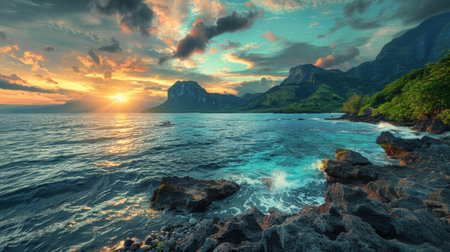 A beautiful sunset over the ocean with a rocky shore, AI