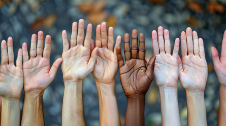 A group of people with their hands up in the air, AI