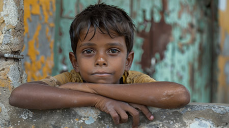 A young boy leaning over a wall with his arms crossed, AIの素材
