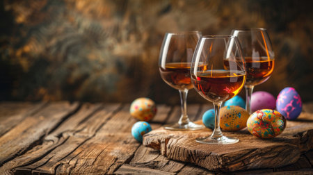 Three glasses of wine are sitting on a wooden board with easter eggs, AIの素材