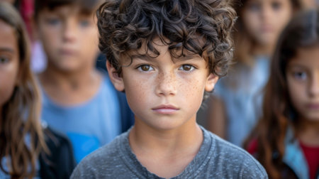 A group of a boy with curly hair standing in front of other kids, AIの素材