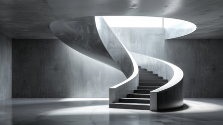A concrete spiral staircase in a room with white walls, AIの素材