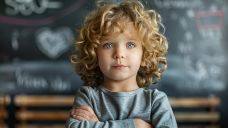 A little boy with curly hair standing in front of a chalkboard, AIの素材
