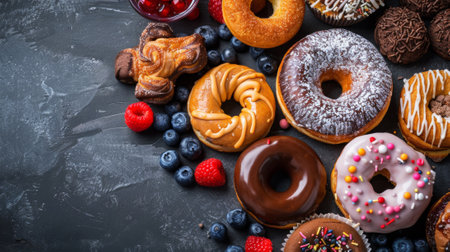A table with a variety of donuts and berries on it, AIの素材