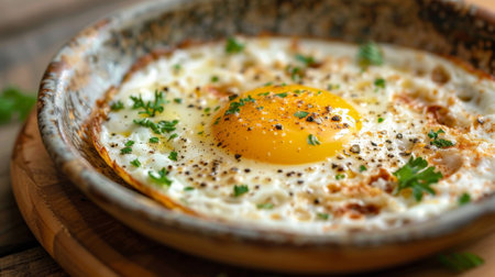 A close up of a fried egg in a bowl with parsley, AIの素材