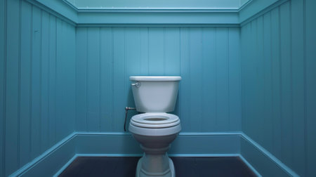 A toilet in a blue bathroom with white walls and floor, AIの素材