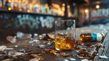 A glass of alcohol and broken bottles on a table, AIの素材