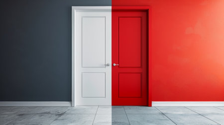 A red door with a white handle and blue trim in an empty room, AIの素材