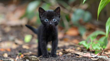 A small black kitten standing on the ground with blue eyes, AIの素材